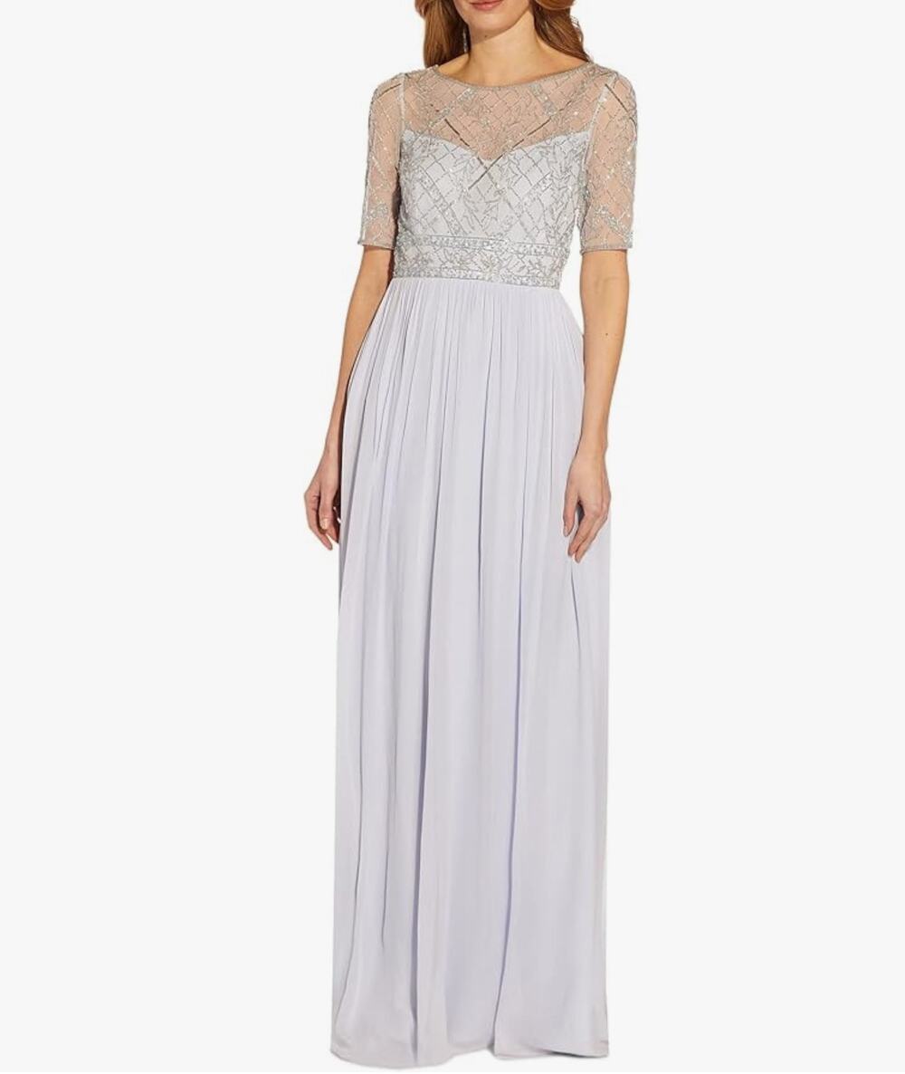 NEW Adrianna Papell Beaded Mesh Chiffon Maxi Gown Color Sernenity Size 4 Formal